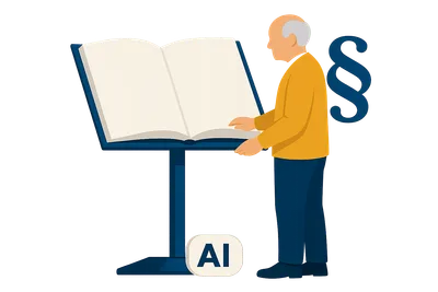 Illustration: Eine ältere Person liest in einem übergroßen aufgeschlagenen Gesetzbuch, daneben ein Paragrafen-Symbol und ein kleines KI-Label