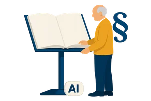 Illustration: Eine ältere Person liest in einem übergroßen aufgeschlagenen Gesetzbuch, daneben ein Paragrafen-Symbol und ein kleines KI-Label