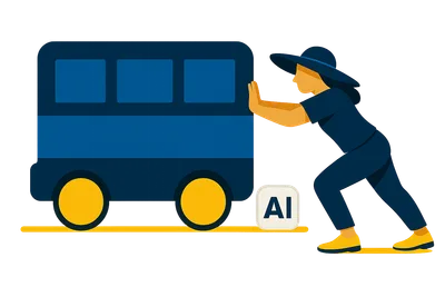 Illustration: Eine Person mit breitkrempigem Hut schiebt einen stilisierten Bus an, ein Block mit weißem KI-Label bleibt am Boden stehen