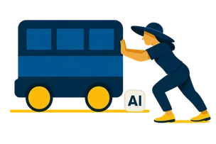 Illustration: Eine Person mit breitkrempigem Hut schiebt einen stilisierten Bus an, ein Block mit weißem KI-Label bleibt am Boden stehen