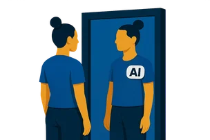 Illustration: Eine Person mit hohem Haarknoten steht vor einem großen Rahmen, in dem eine identische Figur steht; nur die Figur im Rahmen trägt ein weißes KI-Label