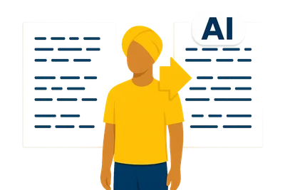 Illustration: Eine Person mit Turban steht zwischen zwei aufgestellten Textbögen, ein gelber Pfeil führt vom linken zum rechten Bogen mit KI-Label