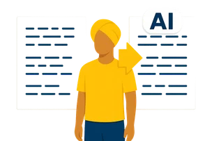 Illustration: Eine Person mit Turban steht zwischen zwei aufgestellten Textbögen, ein gelber Pfeil führt vom linken zum rechten Bogen mit KI-Label