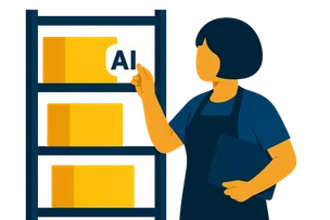 Illustration: Eine Person mit Bob und Arbeitsschürze bringt ein weißes KI-Label an einem Karton in einem Regal an