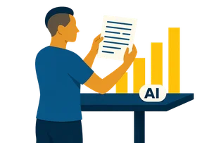 Illustration: Eine Person mit Sidecut steht an einem Stehpult vor einer ansteigenden Balkenkurve und hält ein Blatt mit Textzeilen hoch