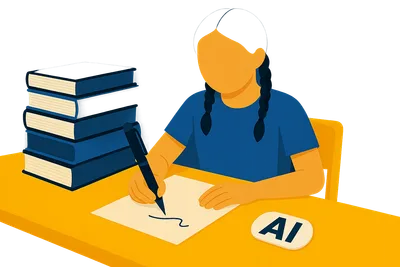 Illustration: Eine Person mit zwei geflochtenen Zöpfen sitzt an einem Bibliothekstisch mit Bücherstapel und unterschreibt ein einzelnes Blatt Papier