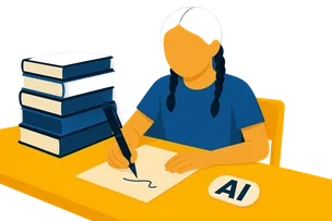 Illustration: Eine Person mit zwei geflochtenen Zöpfen sitzt an einem Bibliothekstisch mit Bücherstapel und unterschreibt ein einzelnes Blatt Papier