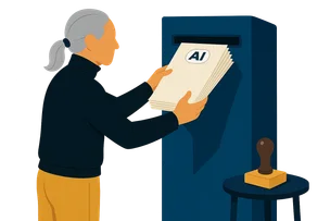 Illustration: Eine Person mit grauem Zopf schiebt ein dickes Manuskriptbündel mit KI-Label in den Schlitz eines hohen Briefkastens