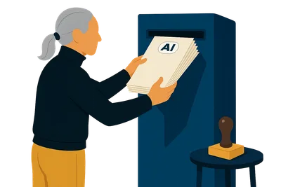 Illustration: Eine Person mit grauem Zopf schiebt ein dickes Manuskriptbündel mit KI-Label in den Schlitz eines hohen Briefkastens