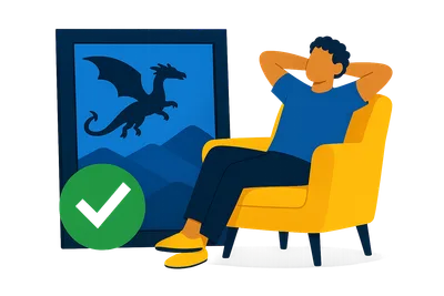 Illustration: Ein entspannter Mann lehnt sich im Sessel zurück, neben ihm ein gerahmtes Drachen-Bild mit grünem Häkchen — offensichtliche Fantasie braucht kein KI-Label