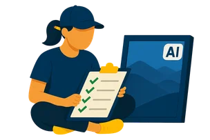Illustration: Eine Person mit Basecap und Pferdeschwanz hakt eine große Checkliste ab, daneben ein gerahmtes Bild mit weißem KI-Label