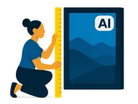 Illustration: Eine Person misst mit einem übergroßen gelben Lineal die Position des KI-Labels an einem Bild