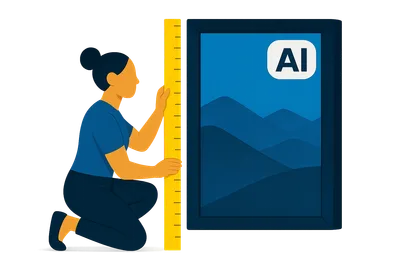 Illustration: Eine Person mit Dutt misst mit einem übergroßen gelben Lineal die Position des KI-Labels an einem gerahmten Bild