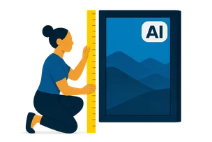 Illustration: Eine Person mit Dutt misst mit einem übergroßen gelben Lineal die Position des KI-Labels an einem gerahmten Bild