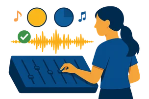 Illustration: Eine gesichtslose Musikerin bedient ein Mischpult neben einer gelben Wellenform, Musiknoten und zwei Klangscheiben