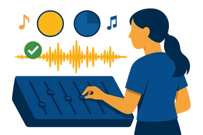 Illustration: Eine gesichtslose Musikerin bedient ein Mischpult neben einer gelben Wellenform, Musiknoten und zwei Klangscheiben