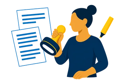 Illustration: Eine Person mit hochgebundenem Haar redigiert Textspalten auf großen Papierbögen und hält einen Stempel mit leerer KI-Label-Pille in der Hand
