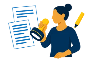 Illustration: Eine Person mit hochgebundenem Haar redigiert Textspalten auf großen Papierbögen und hält einen Stempel mit leerer KI-Label-Pille in der Hand