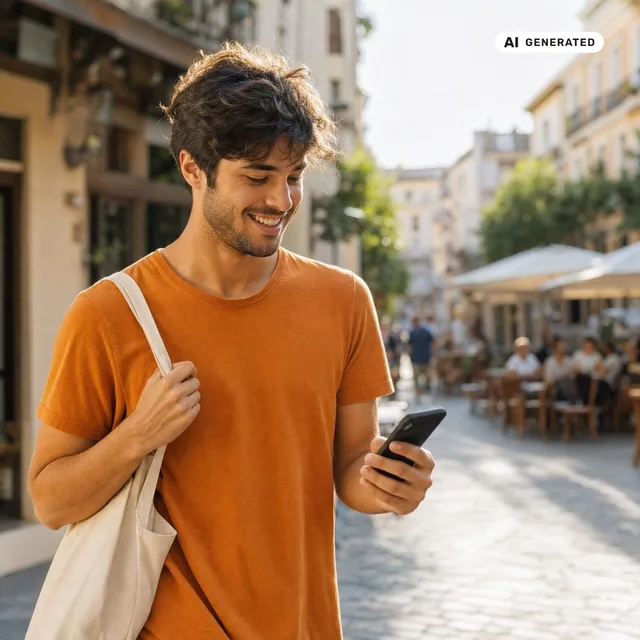 KI-generiertes Foto: Ein junger Mann in orangefarbenem T-Shirt schaut lächelnd auf sein Smartphone in einer sonnigen Straße