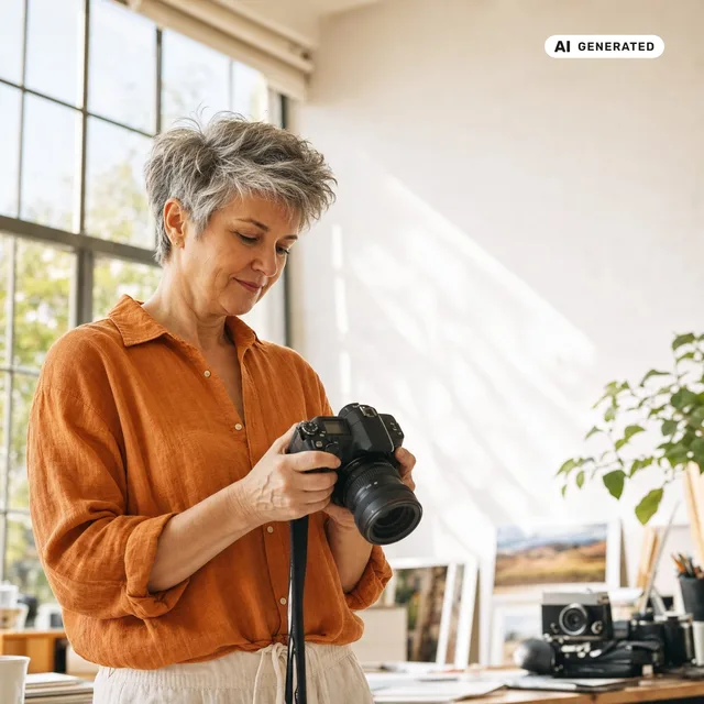 KI-generiertes Foto: Eine Fotografin sichtet in ihrem Atelier Aufnahmen auf dem Display ihrer Kamera
