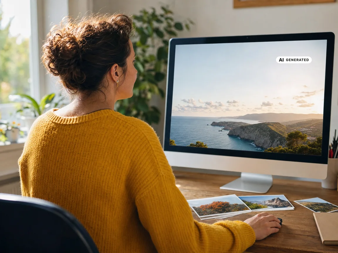 KI-generiertes Foto: Eine Frau betrachtet am Monitor ein Landschaftsbild, das sichtbar das amtliche KI-Label „AI GENERATED“ trägt