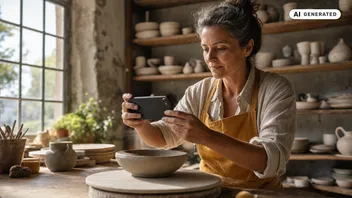 KI-generiertes Foto: Eine Keramikerin fotografiert in ihrer Werkstatt eine selbst gefertigte Schale mit dem Smartphone