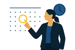 Illustration: Eine Frau zeigt auf einen im Kalender gelb umkringelten Tag, daneben eine Uhr — der Stichtag der KI-Kennzeichnungspflicht