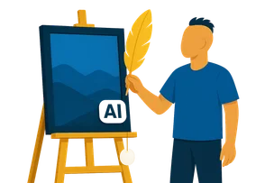 Illustration: Eine Person mit Irokesenschnitt hebt eine übergroße Feder an ein gerahmtes Bild auf einer Staffelei, am Rahmen hängt ein kleiner Anhänger an einer Kordel