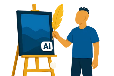 Illustration: Eine Person mit Irokesenschnitt hebt eine übergroße Feder an ein gerahmtes Bild auf einer Staffelei, am Rahmen hängt ein kleiner Anhänger an einer Kordel