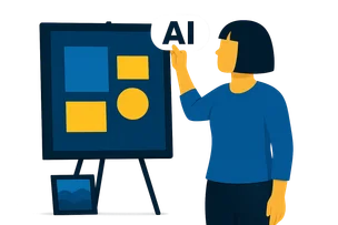 Illustration: Eine Person mit Pagenschnitt arrangiert Designelemente auf einer Leinwand und setzt ein weißes KI-Label als Sticker daneben