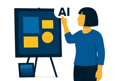 Illustration: Eine Person mit Pagenschnitt arrangiert Designelemente auf einer Leinwand und setzt ein weißes KI-Label als Sticker daneben