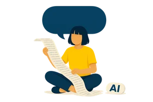 Illustration: Eine Person mit Pony sitzt im Schneidersitz und hält ein langes Papierband mit Textzeilen, das aus einer Sprechblase fällt; das KI-Label liegt unbenutzt daneben