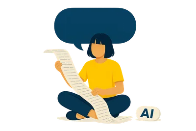 Illustration: Eine Person mit Pony sitzt im Schneidersitz und hält ein langes Papierband mit Textzeilen, das aus einer Sprechblase fällt; das KI-Label liegt unbenutzt daneben