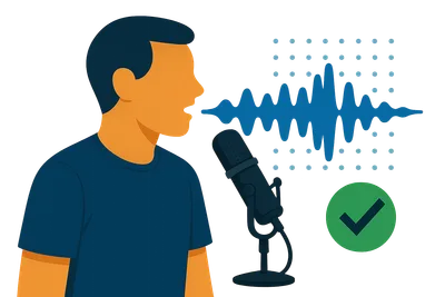 Illustration: Ein gesichtsloser Sprecher spricht in ein Mikrofon, während ein Punktraster eine blaue Wellenform prüft