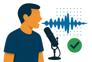 Illustration: Ein gesichtsloser Sprecher spricht in ein Mikrofon, während ein Punktraster eine blaue Wellenform prüft
