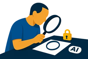 Illustration: Eine Person mit kurzem Haarschnitt hält eine Lupe über ein Blatt Papier mit feinem Punktmuster, daneben liegt ein geschlossenes Vorhängeschloss