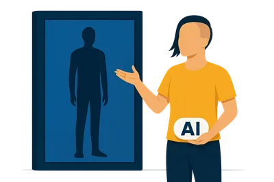 Illustration: Eine Person mit Sidecut stellt eine gleich große, gesichtslose Figur in einem Videorahmen vor; das KI-Label hält sie noch in der herabhängenden Hand