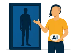 Illustration: Eine Person mit Sidecut stellt eine gleich große, gesichtslose Figur in einem Videorahmen vor; das KI-Label hält sie noch in der herabhängenden Hand