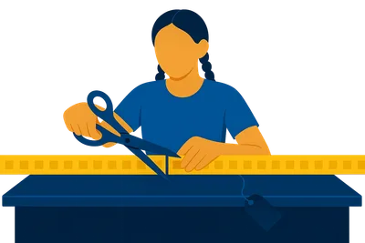 Illustration: Eine Person mit zwei geflochtenen Zöpfen schneidet mit übergroßer Schere einen gelben Zeitleisten-Streifen durch; an der Schnittstelle löst sich ein kleiner Metadaten-Anhänger