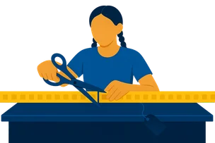 Illustration: Eine Person mit zwei geflochtenen Zöpfen schneidet mit übergroßer Schere einen gelben Zeitleisten-Streifen durch; an der Schnittstelle löst sich ein kleiner Metadaten-Anhänger