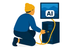 Illustration: Eine Person mit Wollmütze verkabelt einen offenen Rechner-Tower, aus dem ein gerahmtes Bild herauswächst; daneben schwebt ein weißes KI-Label