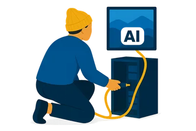 Illustration: Eine Person mit Wollmütze verkabelt einen offenen Rechner-Tower, aus dem ein gerahmtes Bild herauswächst; daneben schwebt ein weißes KI-Label
