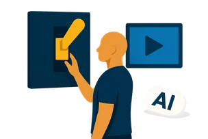 Illustration: Eine Person mit kahl rasiertem Kopf legt einen übergroßen Kippschalter um, der auf „aus“ steht; daneben ein Videorahmen, das KI-Label liegt unbenutzt am Boden