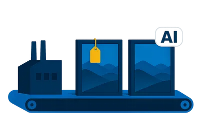 Illustration: Aus einer stilisierten Fabrik läuft ein Förderband, auf dem gerahmte Bilder mit kleinen Metadaten-Anhängern stehen, einer davon ein KI-Label