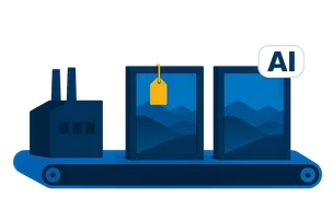 Illustration: Aus einer stilisierten Fabrik läuft ein Förderband, auf dem gerahmte Bilder mit kleinen Metadaten-Anhängern stehen, einer davon ein KI-Label