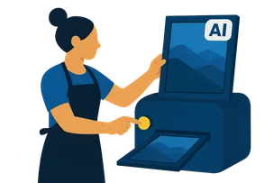 Illustration: Eine Person mit Schürze und Hochsteckfrisur bedient eine freundliche Maschine, aus der ein gerahmtes Bild mit KI-Label herauskommt