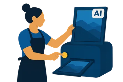 Illustration: Eine Person mit Schürze und Hochsteckfrisur bedient eine freundliche Maschine, aus der ein gerahmtes Bild mit KI-Label herauskommt