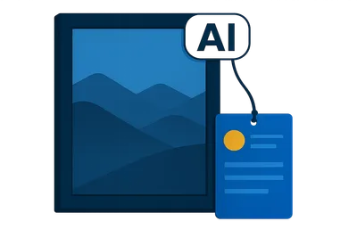 Illustration: An einem gerahmten Bild mit weißem KI-Label hängt an einer Kordel eine blaue Infokarte mit gelbem Siegel