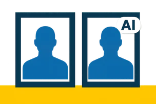 Illustration: Zwei identisch gerahmte Porträt-Silhouetten nebeneinander, nur die rechte trägt ein weißes KI-Label in der Ecke