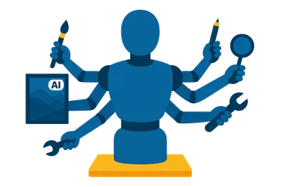 Illustration: Ein gesichtsloser Roboter-Torso, aus dem viele kleine Werkzeug-Arme ragen
